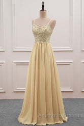 Sequined  Spaghetti Straps Chiffon Long Evening Prom Dresses